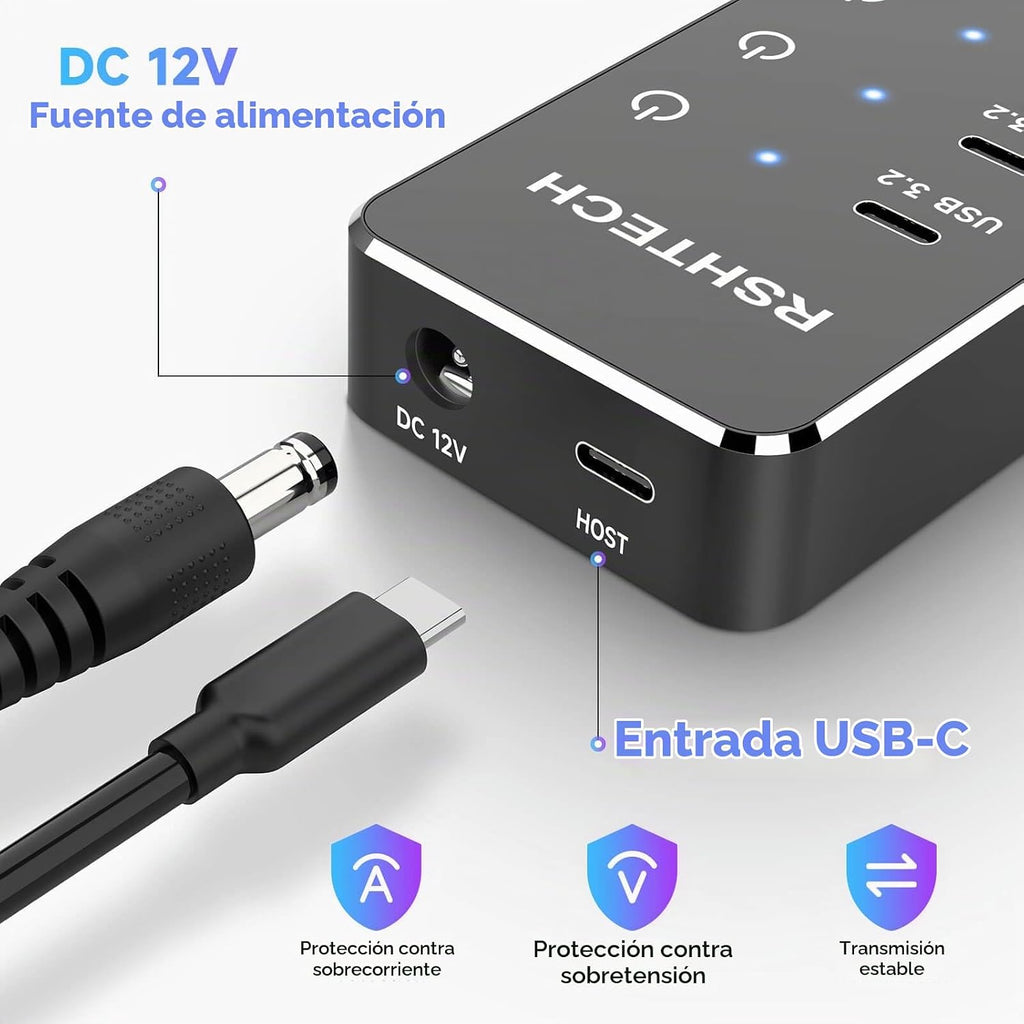 RSHTECH, RSH-ST10C, hub USB 3.2 de 10 puertos, alimentado, adaptador 12V/5A