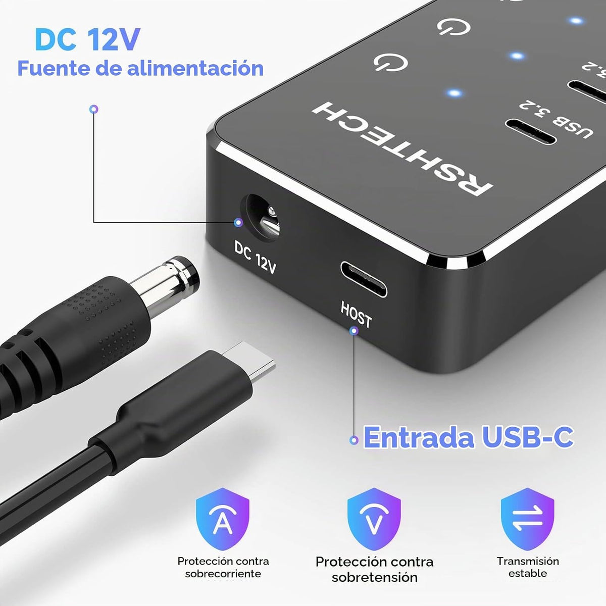 RSHTECH, RSH-ST10C, hub USB 3.2 de 10 puertos, alimentado, adaptador 12V/5A