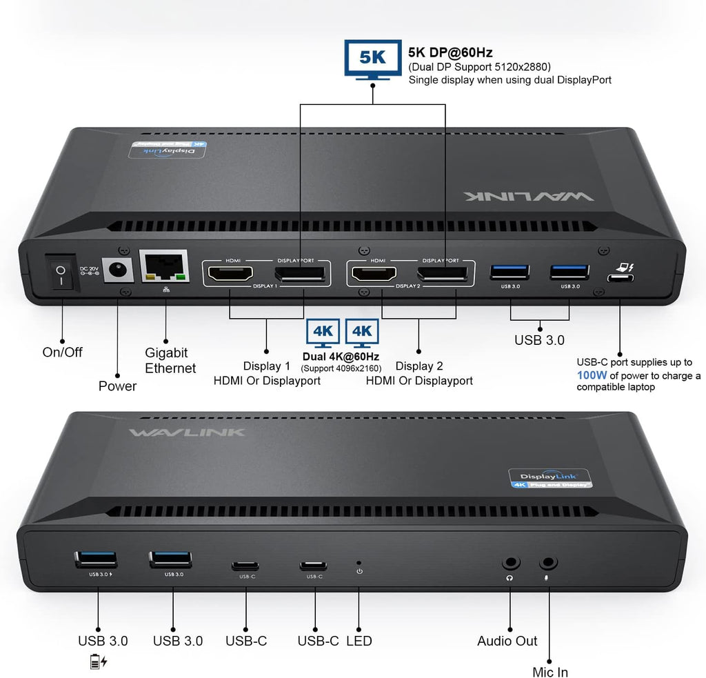 WAVLINK Estación de acoplamiento dual 4K 60Hz Displaylink USB C (2HDMI+2DP)