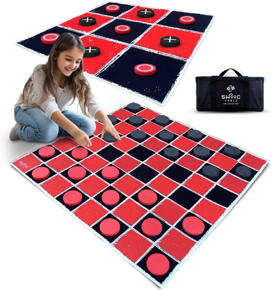 Swooc Games® - Juego Vintage Gigante de Damas y Tres en Raya 2 en 1 con Tapete (3 pies x 3 pies) - Lona 100% Lavable a Máquina - Juegos Gigantes al Aire Libre para Niños - Juego de Patio para Niños