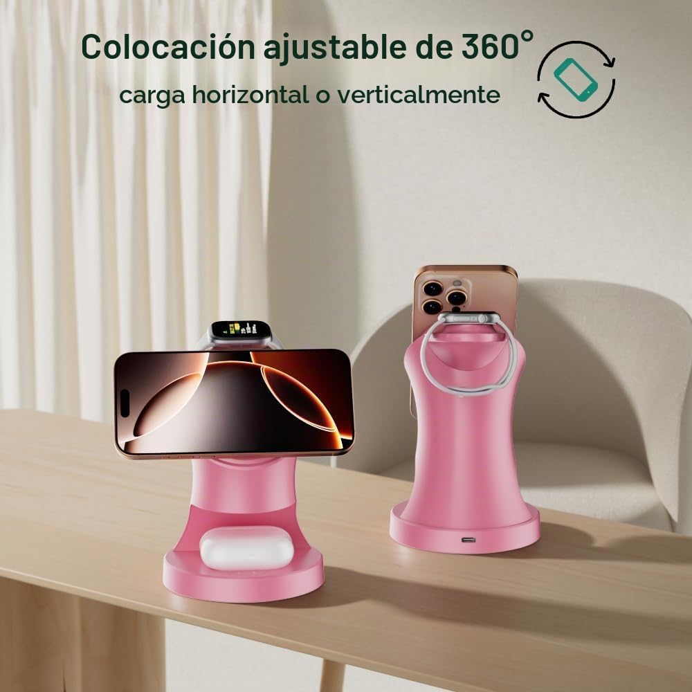 Estación de carga inalámbrica 3 en 1 para dispositivos Apple, color rosa