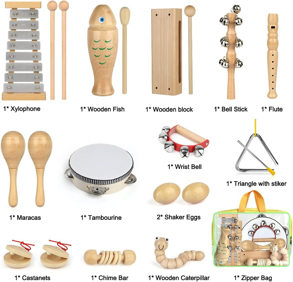 Instrumentos musicales para niños, juegos de juguetes de percusión musical de madera 100% natural, 23 piezas de juguetes de pandereta y xilófono para niños, niñas, niños, educación preescolar