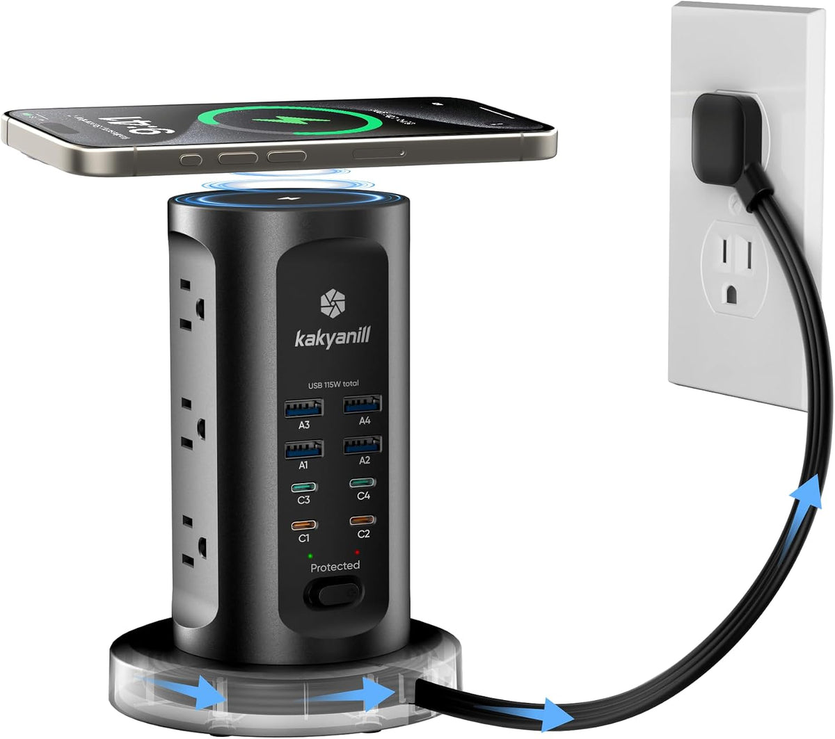 Estación de Carga USB de 115W, Torre de regleta con 9 tomas AC y 8 USB