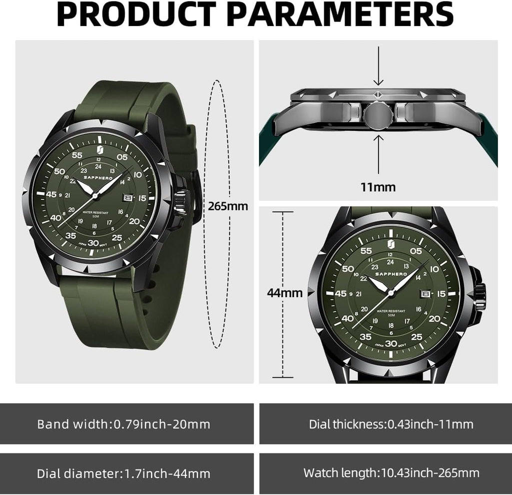 SAPPHERO Reloj analógico de cuarzo luminoso para hombre, 164 ft, resistente al agua, con fecha, casual, elegante, para trabajo, negocios, correa de silicona, relojes de pulsera para hombre
