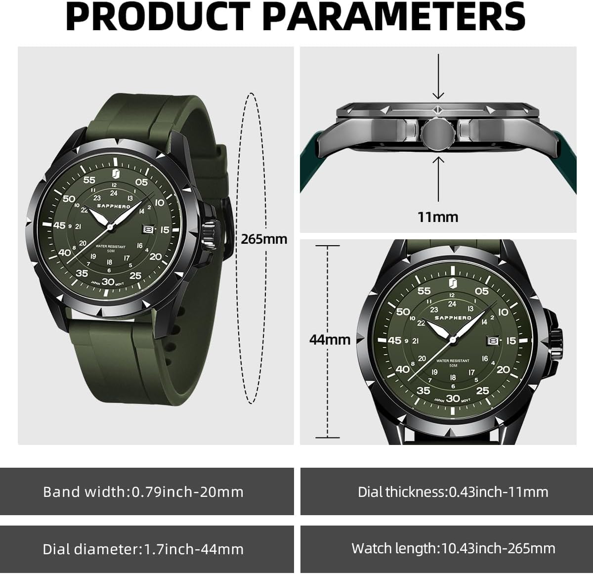 SAPPHERO Reloj analógico de cuarzo luminoso para hombre, 164 ft, resistente al agua, con fecha, casual, elegante, para trabajo, negocios, correa de silicona, relojes de pulsera para hombre