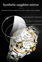 Relojes automáticos de esqueleto para hombre, reloj de pulsera de lujo mecánico de cuerda automática de cristal de zafiro, reloj de acero de tungsteno, 164.0 ft, impermeable, luminoso, sin batería, Dorado, carátula blanca de acero tungsteno, redondo