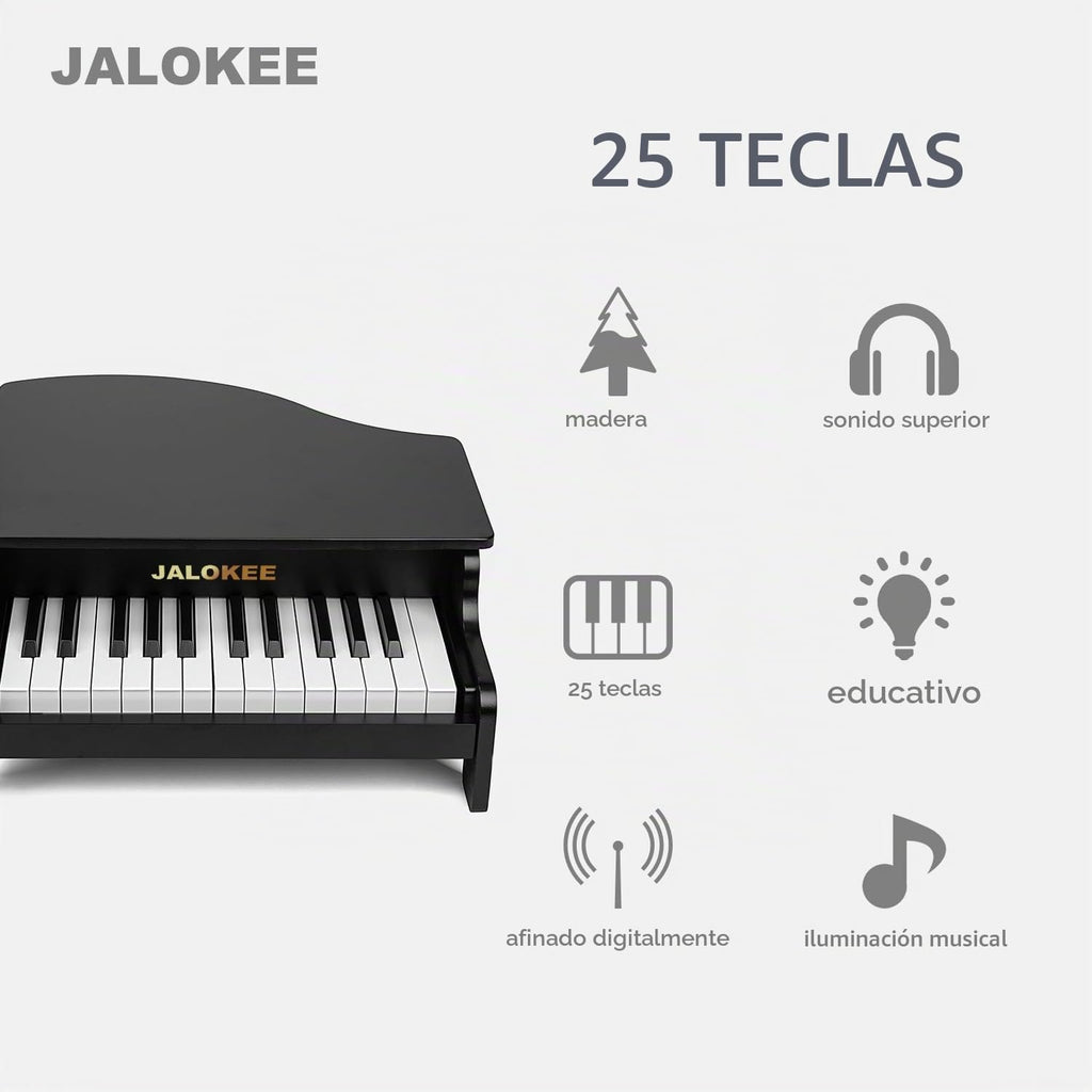 Teclado de piano para niños, piano de cola de 25 teclas para niños, mini juguete de instrumento educativo musical, volumen ajustable, juguete de madera para niños pequeños y niñas (negro)