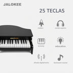 Teclado de piano para niños, piano de cola de 25 teclas para niños, mini juguete de instrumento educativo musical, volumen ajustable, juguete de madera para niños pequeños y niñas (negro)