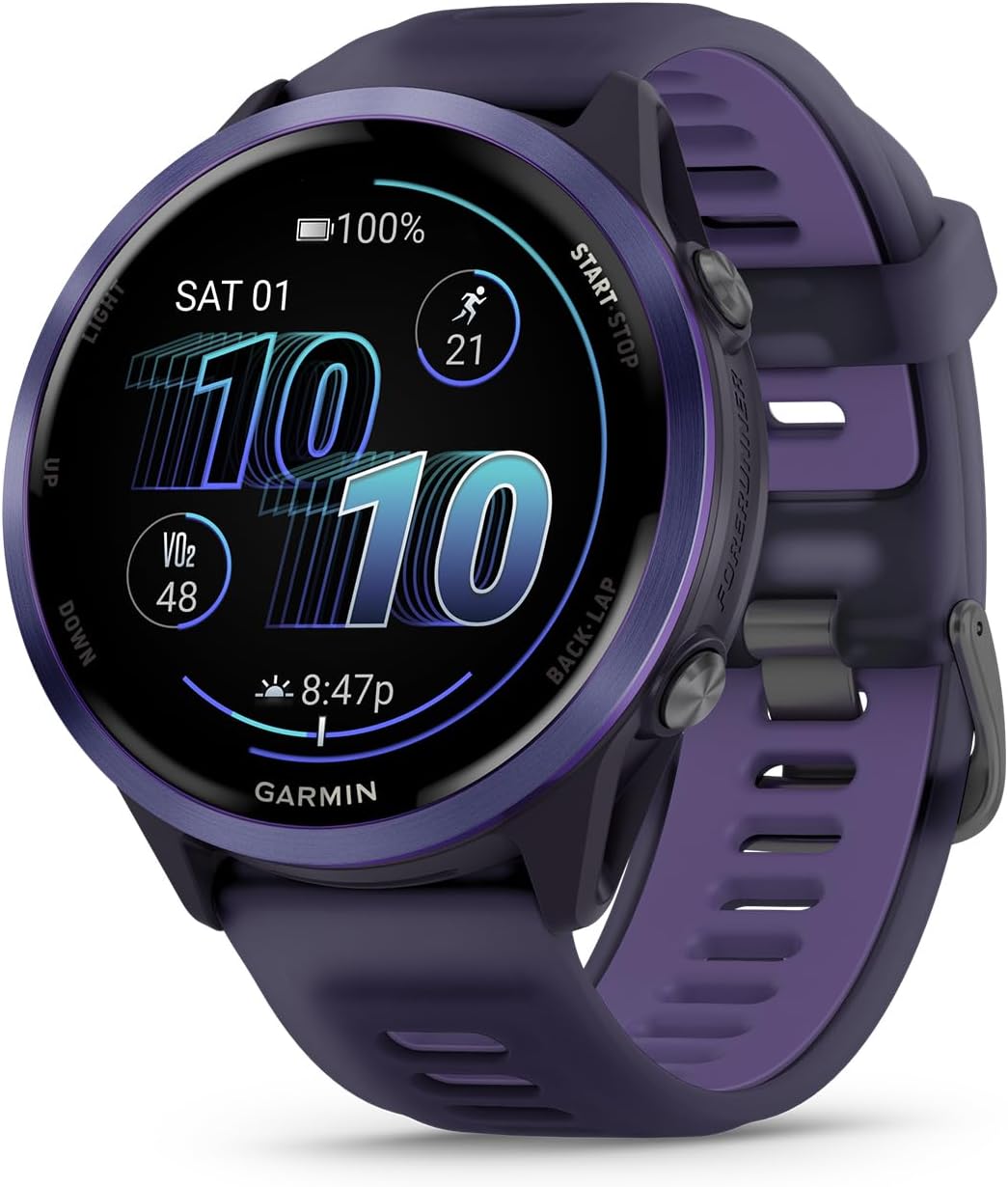 Garmin Forerunner 570 - Reloj inteligente para correr, WiFi de 1.722 pulgadas, reloj de fitness con GPS para hombres y mujeres, aluminio índigo con banda translúcida imperial púrpura/índigo + monitor