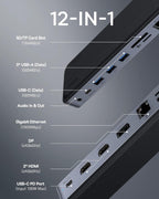 Baseus Estación de acoplamiento para portátil, estación de acoplamiento multitarea 4K con 2 HDMI+DP, PD, 3 USB-A, RJ45, audio, lector de tarjetas TF/SD, concentrador USB compatible con MacBook/Dell/HP