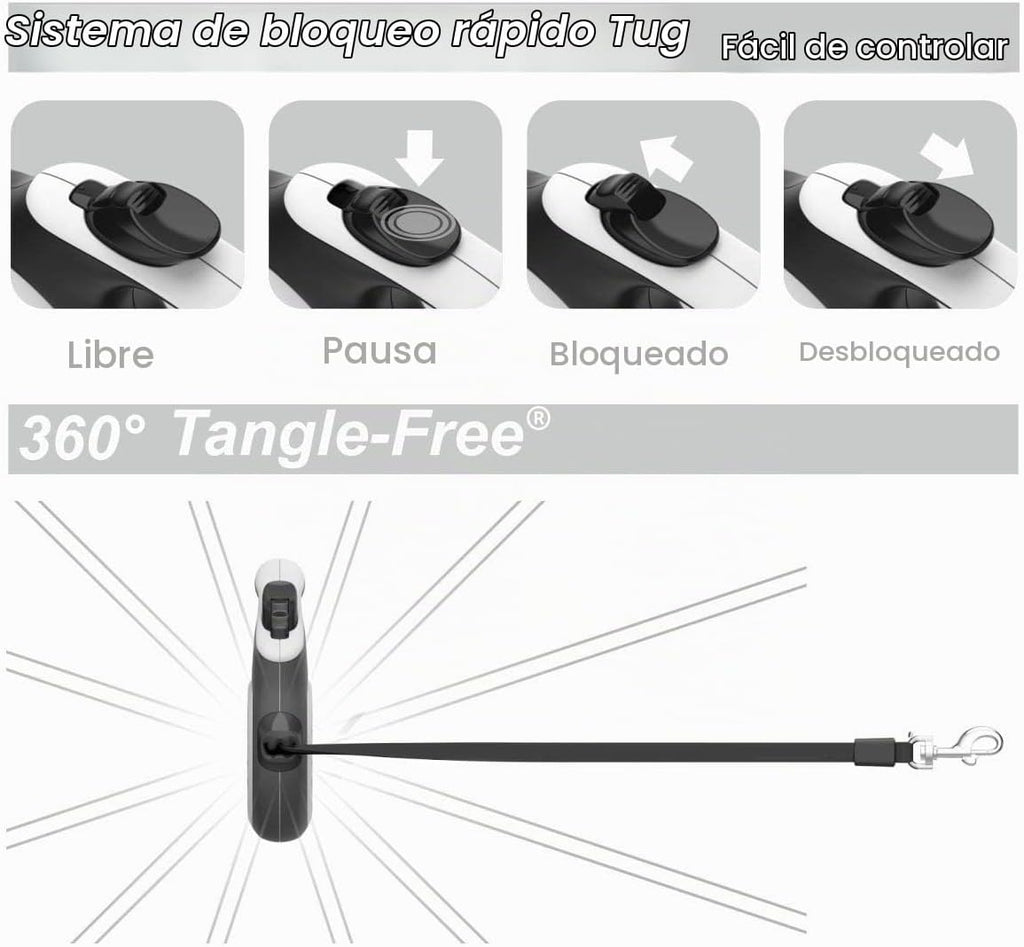 TUG - Correa retráctil 360º para perros, libre de enredos, mango antideslizante, nailon resistente de 16 pies, freno de una sola mano, pausa y bloqueo (grande, blanco)