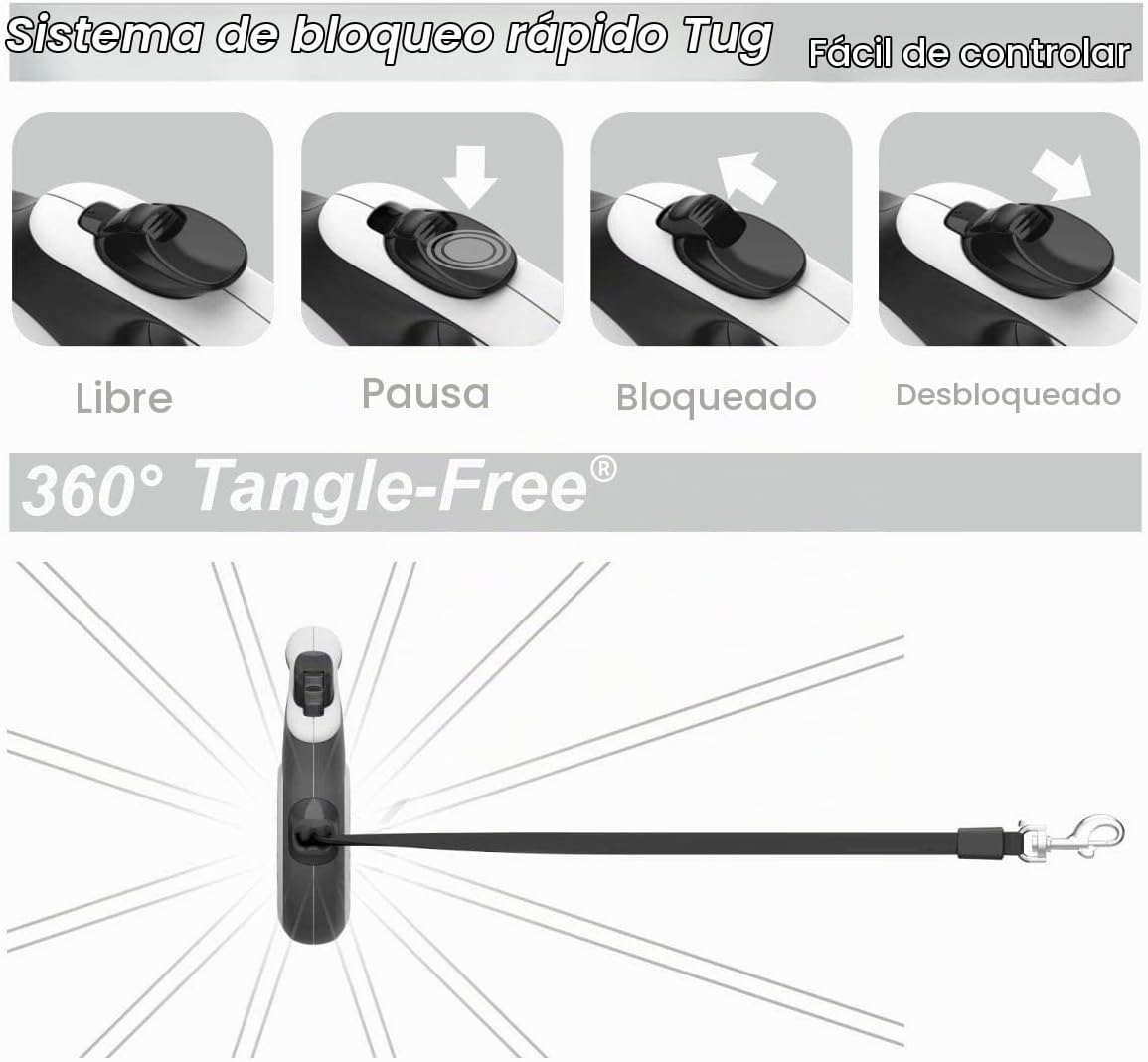 TUG - Correa retráctil 360º para perros, libre de enredos, mango antideslizante, nailon resistente de 16 pies, freno de una sola mano, pausa y bloqueo (grande, blanco)