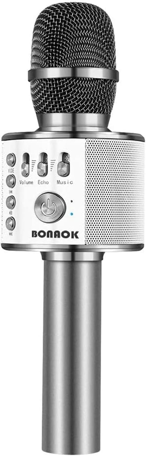 BONAOK - Micrófono inalámbrico Bluetooth Karaoke, 3 en 1; máquina altavoz de micrófono de karaoke portátil de mano para fiesta de cumpleaños en casa para todos los teléfonos inteligentes Q37 (Gris