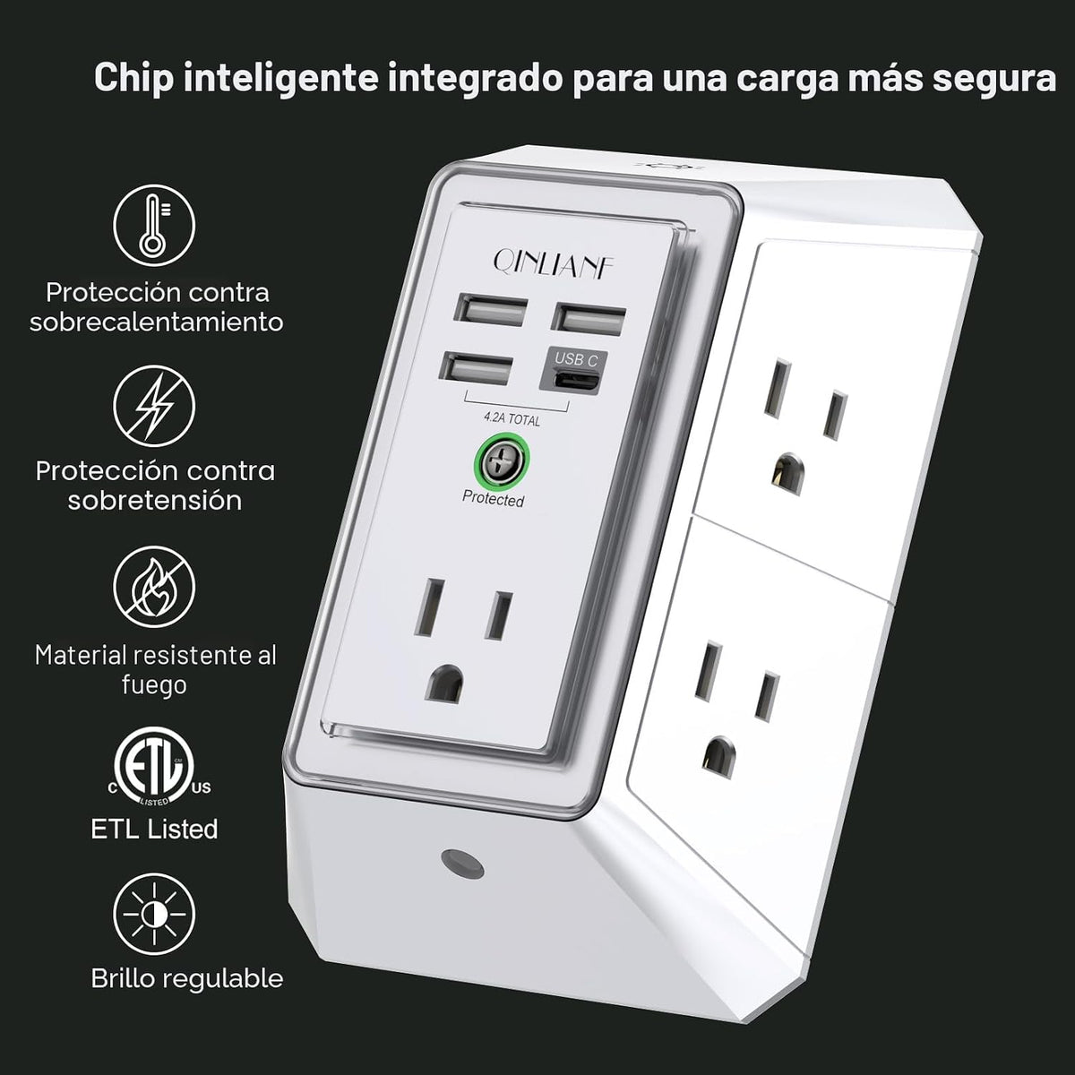 Extensor de Enchufe de 3 Lados con Luz Nocturna - QINLIANF Enchufe Múltiple con 5 Tomas y 4 Puertos USB (1 USB-C), Cargador de Pared USB para Hogar, Oficina, Viajes, Certificado ETL, Blanco