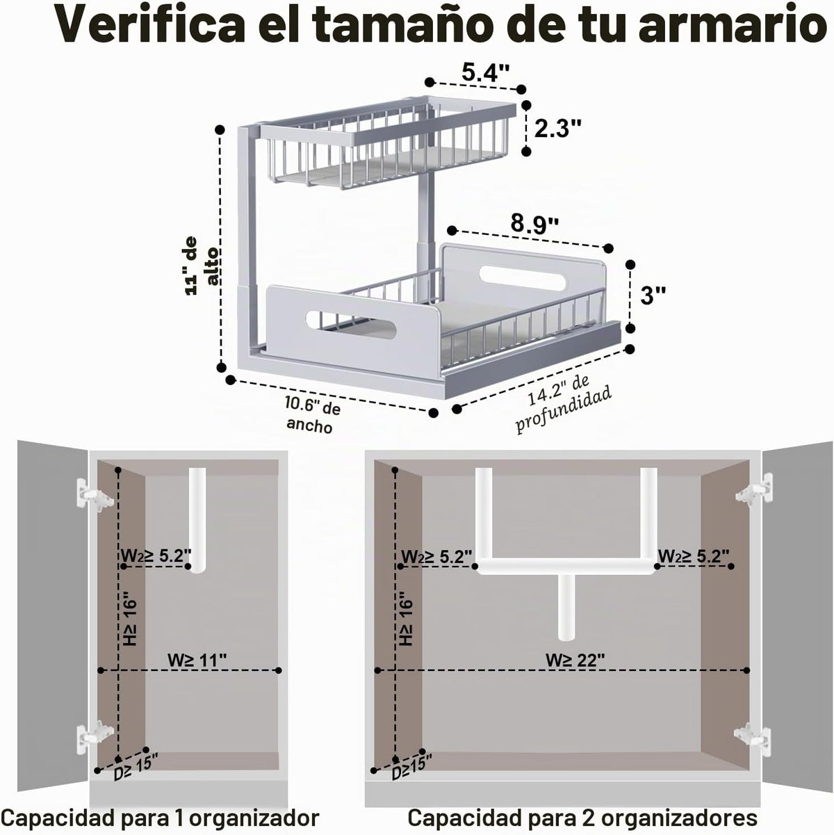 Organizador Bajo el Fregadero, Organizador de Gabinete Extraíble de 2 Niveles con Estante Deslizante para Fregadero, Estantes de Almacenamiento para Gabinete, Almacenamiento para Cocina y Baño