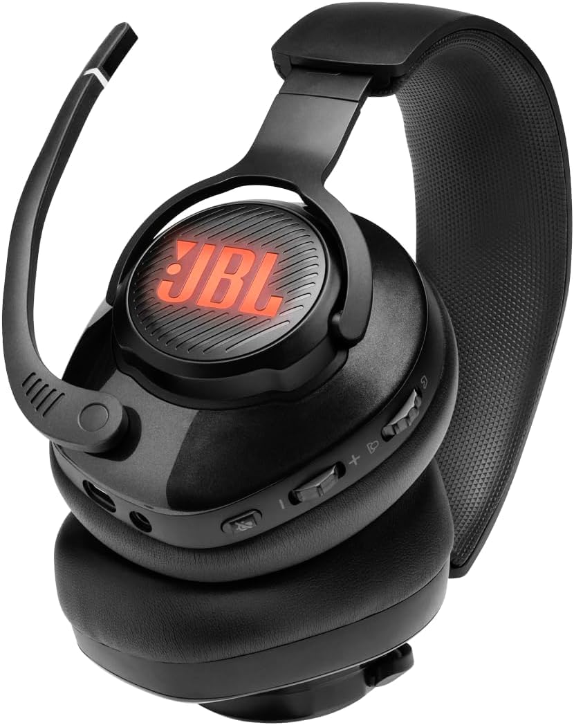 JBL Quantum 400 - Auriculares para juegos con cable sobre la oreja con dial de equilibrio de chat, JBL QuantumSURROUND y DTS, micrófono direccional de enfoque de voz y almohadillas de espuma