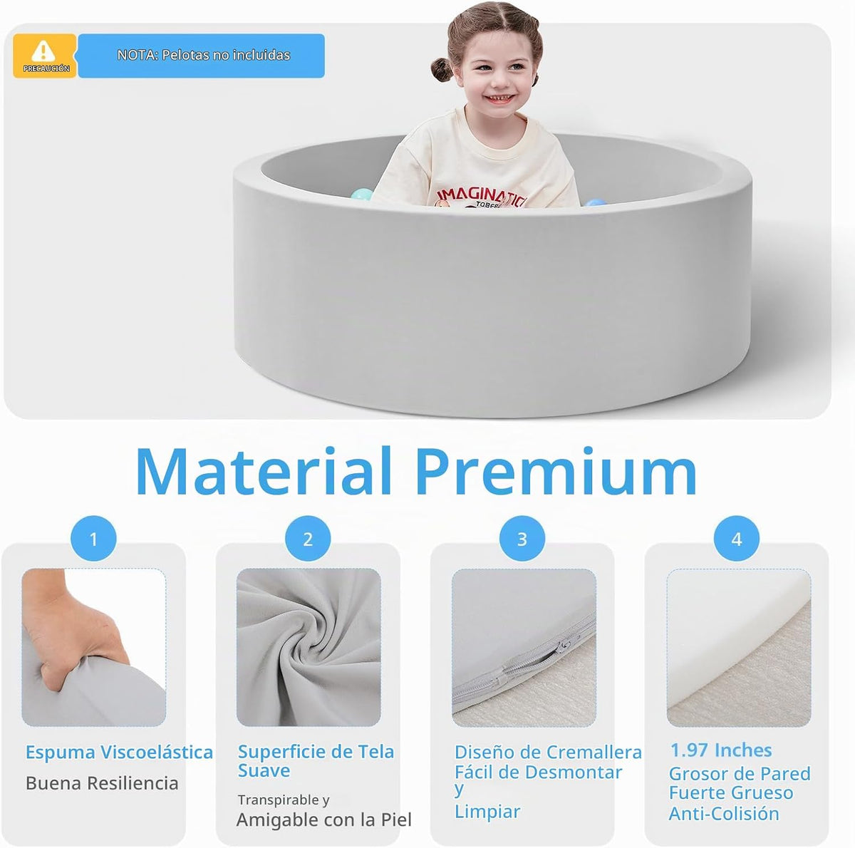 Piscina de Pelotas de Espuma, 35.4" x 11.8" Piscina de Pelotas para Niños Pequeños - Gris