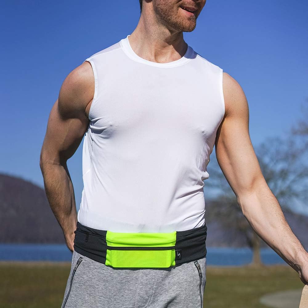 Riñonera ajustable de 3 bolsillos para correr, riñonera para entrenar con respaldo resistente al sudor, soporta todos los modelos de iPhone, HiViz/Negro, Cinturón para correr de 3 bolsillos versión 1