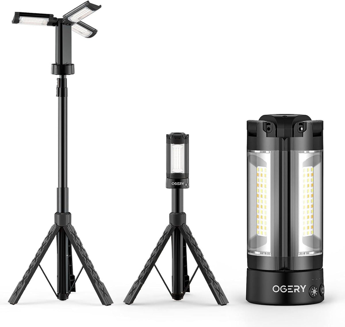 Lámpara OGERY Luz de camping recargable de 10000mAh con soporte 2 m de altura máxima, luz de trabajo inalámbrica con 3 cabezales de lámpara LED, 2200 lúmenes, equipo esencial de camping, linterna de