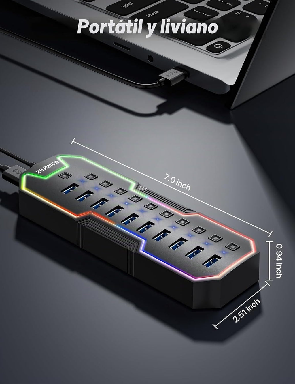 ZIUMIER, L100, hub USB 3.0 de 10 puertos, alimentado, adaptador 12V/2A