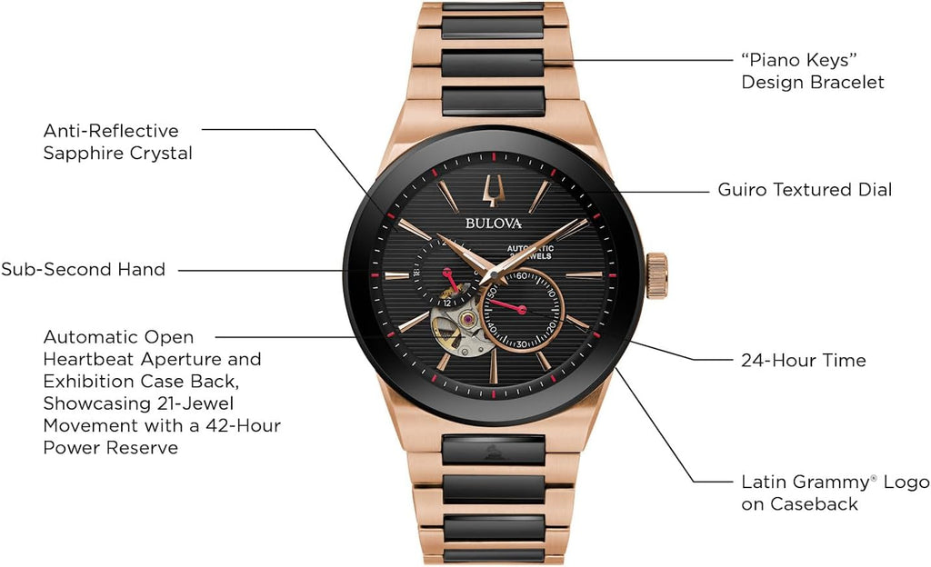 Bulova Latin Grammy Modern Millenia - Reloj automático de acero inoxidable en dos tonos, abertura de latido abierto, parte trasera de caja de exhibición, esfera negra, (Modelo: 98A236)