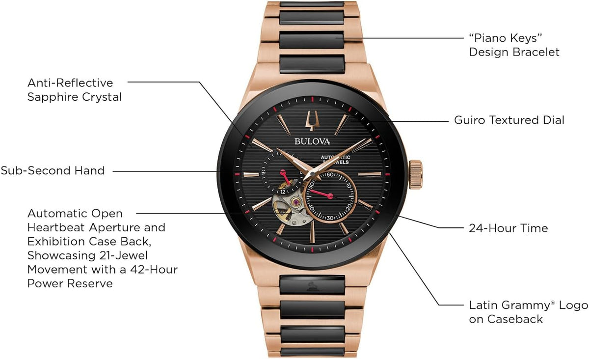 Bulova Latin Grammy Modern Millenia - Reloj automático de acero inoxidable en dos tonos, abertura de latido abierto, parte trasera de caja de exhibición, esfera negra, (Modelo: 98A236)