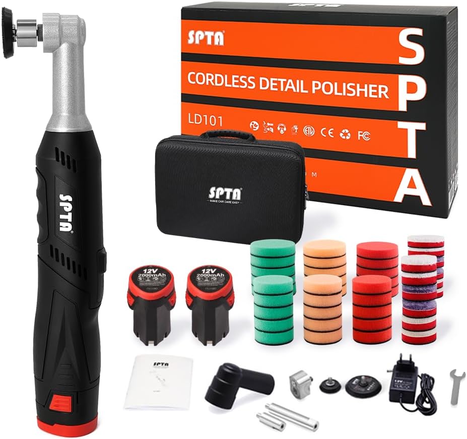 SPTA Pulidora inalámbrica mini para autos, pulidora de autos de 12V, micro pulidora inalámbrica, eliminador de arañazos, pulidora mini RO/DA para autos para pulido, lijado y limpieza