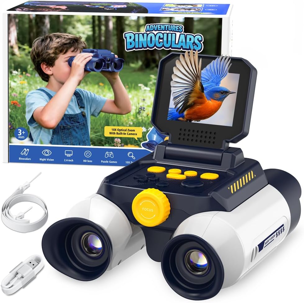 Binoculares para niños con visión nocturna, pantalla HD de 2.4 pulgadas y zoom de 10X para fotos y videos, binoculares de aventura al aire libre, observación de aves, campamento, senderismo