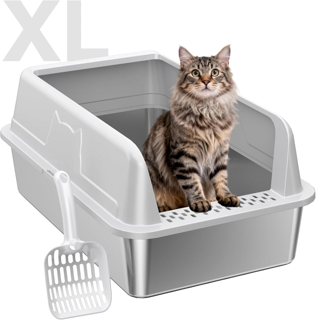 Caja de arena para gatos XL de acero inoxidable de alta cara para