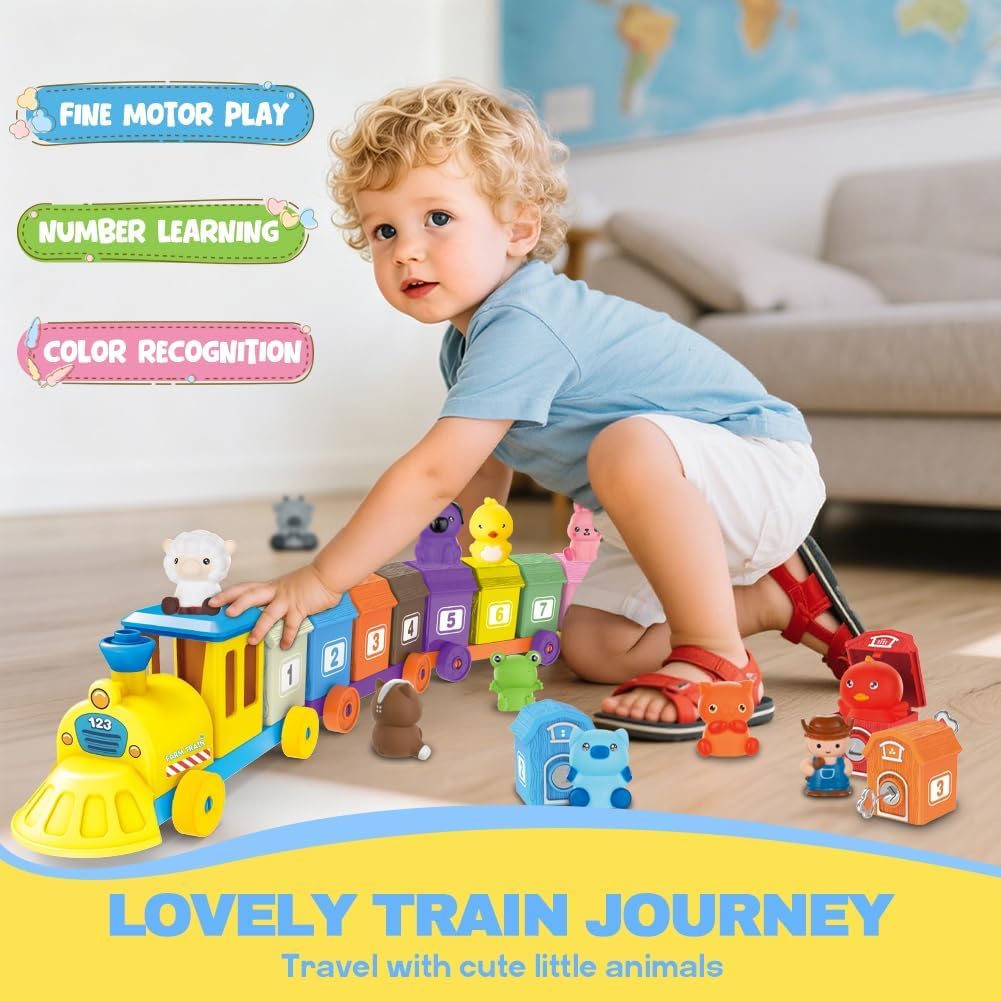 BOLZRA Juego de juguetes de tren de animales de granja para niños pequeños