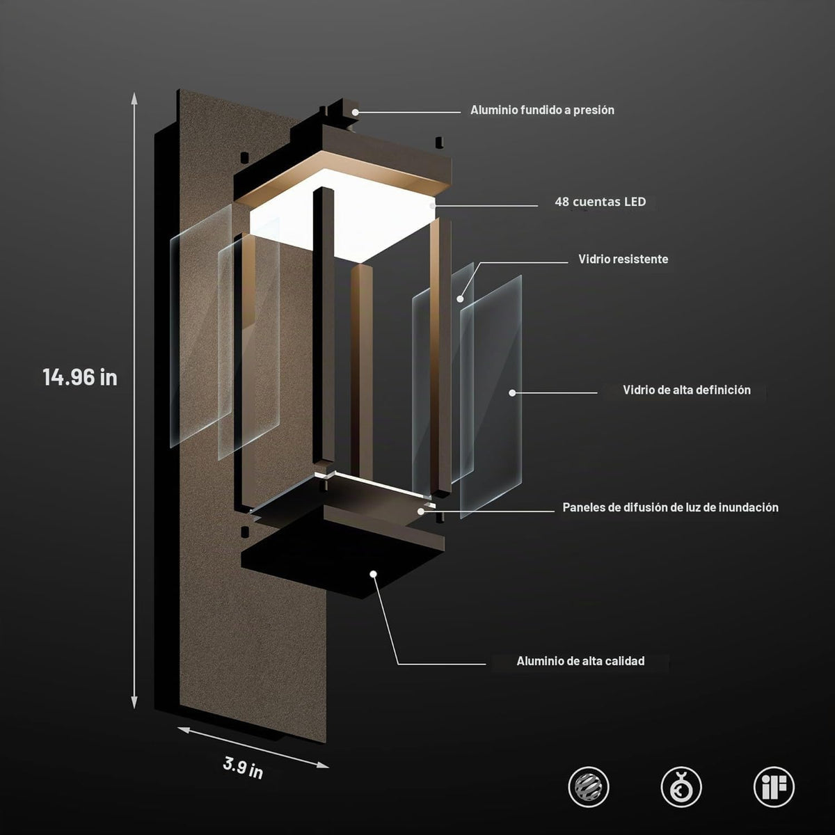 Lámpara Lámpara de pared moderna con sensor de movimiento para exteriores con vidrio, LED de 850 lúmenes, linterna de aluminio impermeable IP65, iluminación exterior antioxidante para porche, garaje, puerta delantera, patio, negro
