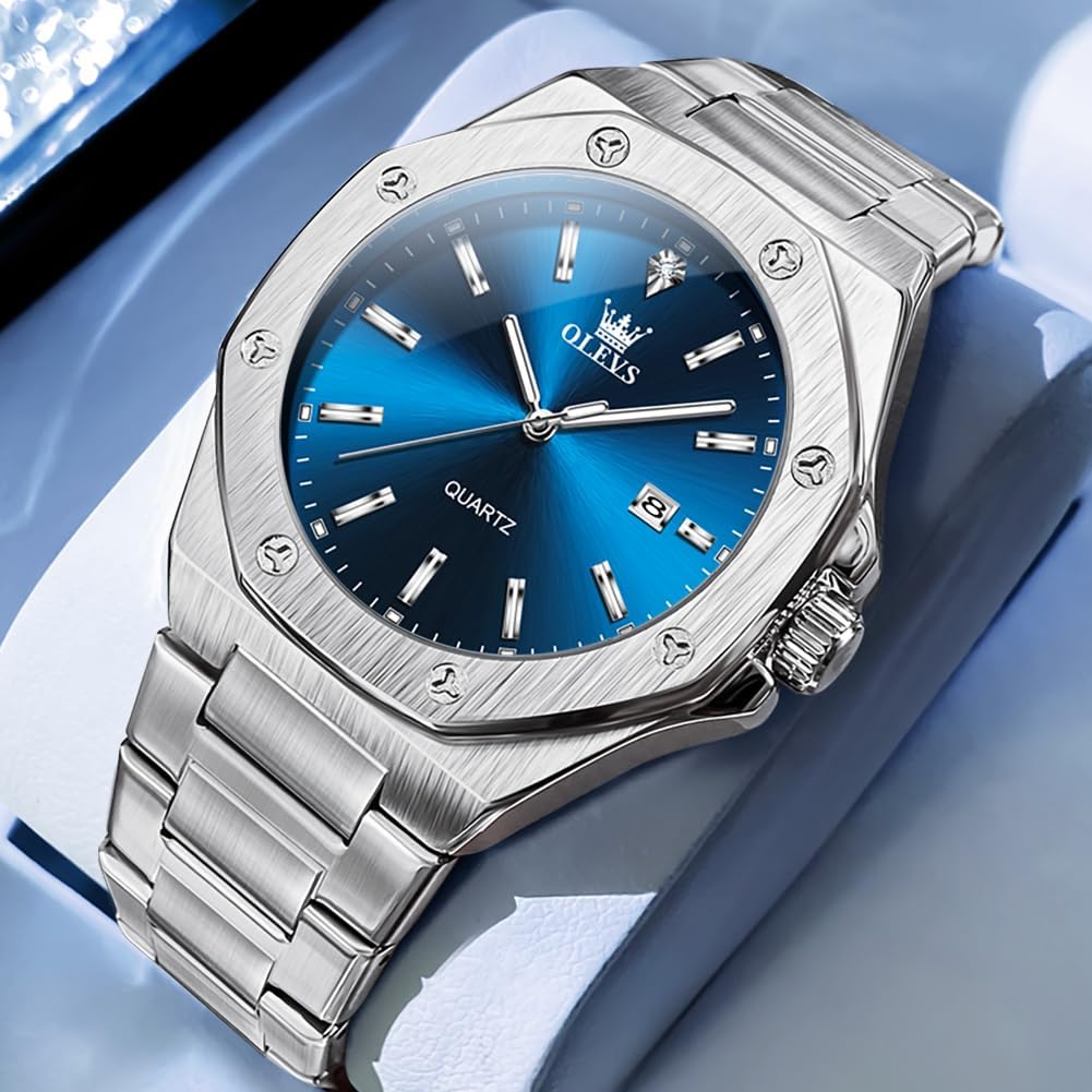 OLEVS Reloj para hombre Big Face Acero inoxidable Impermeable Luminoso Diamante