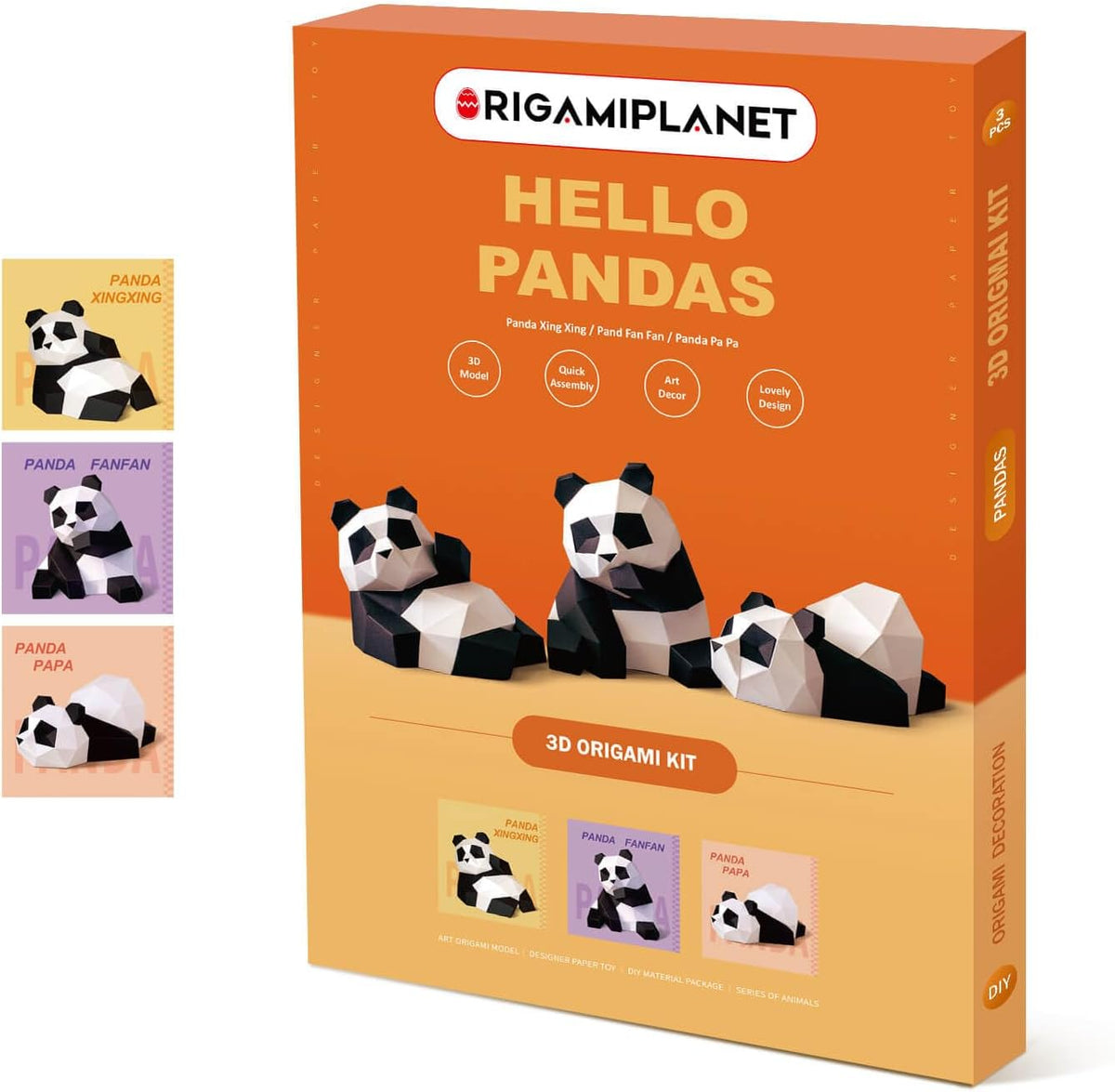 Hello Pandas - Juego de regalo de papel de origami 3D, 3 piezas, fanfan/xingxing/papá, kit de origami precortado, linda escultura de papel de animal para adolescentes y adultos