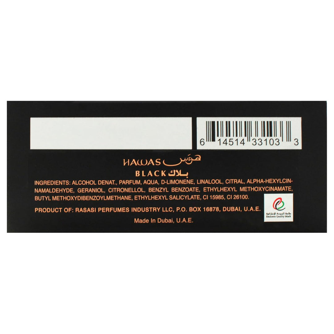 Hawas Black de Rasasi para hombres - 3,38 oz EDP spray