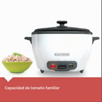 Olla arrocera BLACK+DECKER 6 tazas (cocidas) con cesta para vapor, recipiente antiadherente extraíble, blanca