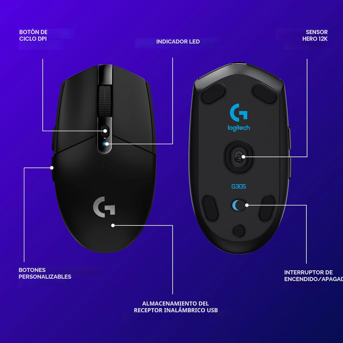 Logitech G 305 LIGHTSPEED - Mouse inalámbrico para juegos, sensor H...