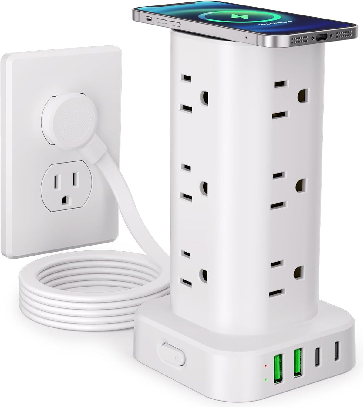 Torre de regleta de alimentación con cargador inalámbrico, protector de sobretensiones de enchufe plano con cable de extensión de 6 pies, 12 tomas de corriente alterna, 4 USB (2 USB C), torre de carga