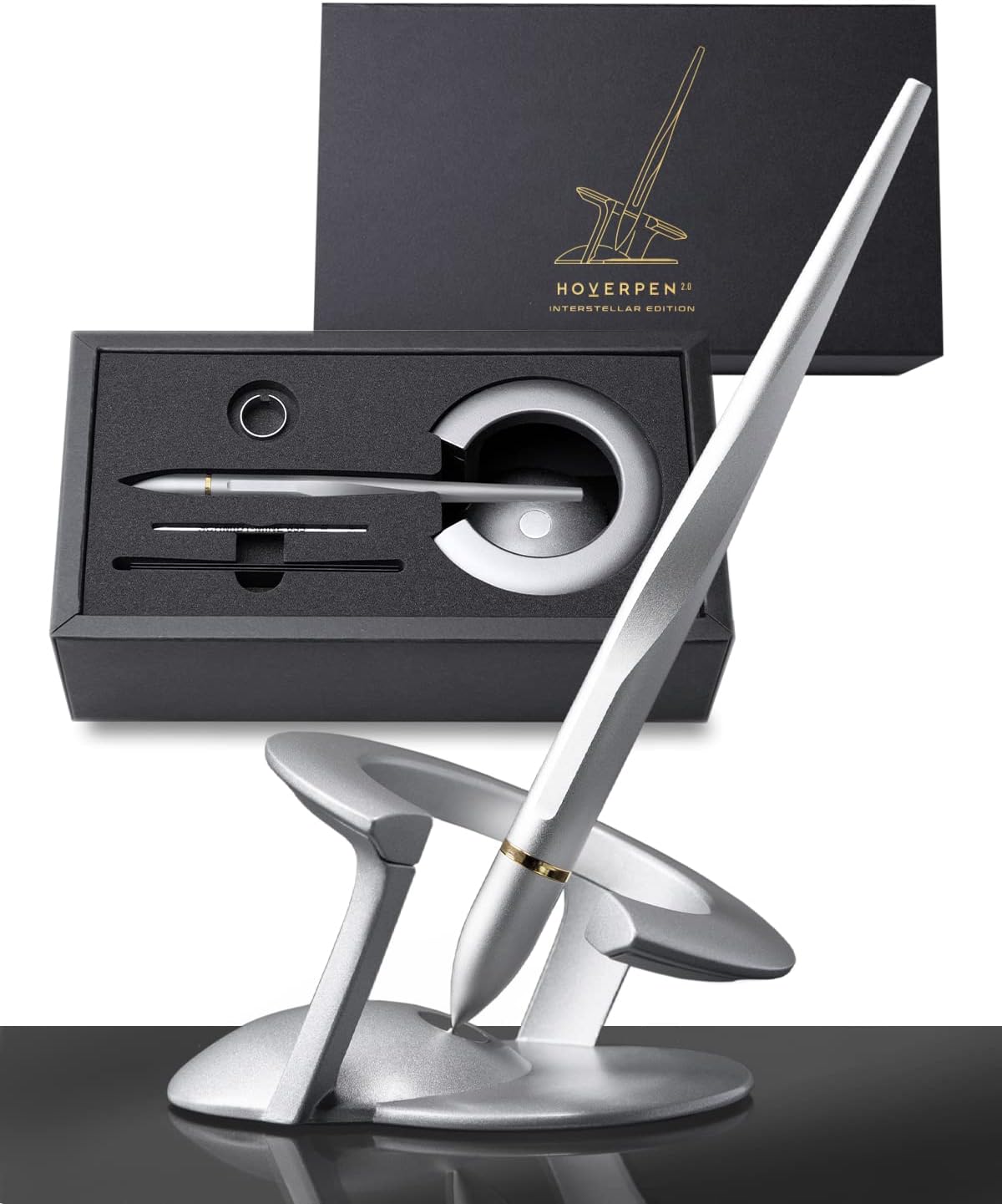 Novium Hoverpen 2.0 Bolígrafo de lujo futurista, bolígrafo profesional, estética única, impresionante bolígrafo ejecutivo con suspensión libre para girar, accesorios geniales, regalos de Navidad para hombres (color plata, enchapado en oro de 18 quilates)