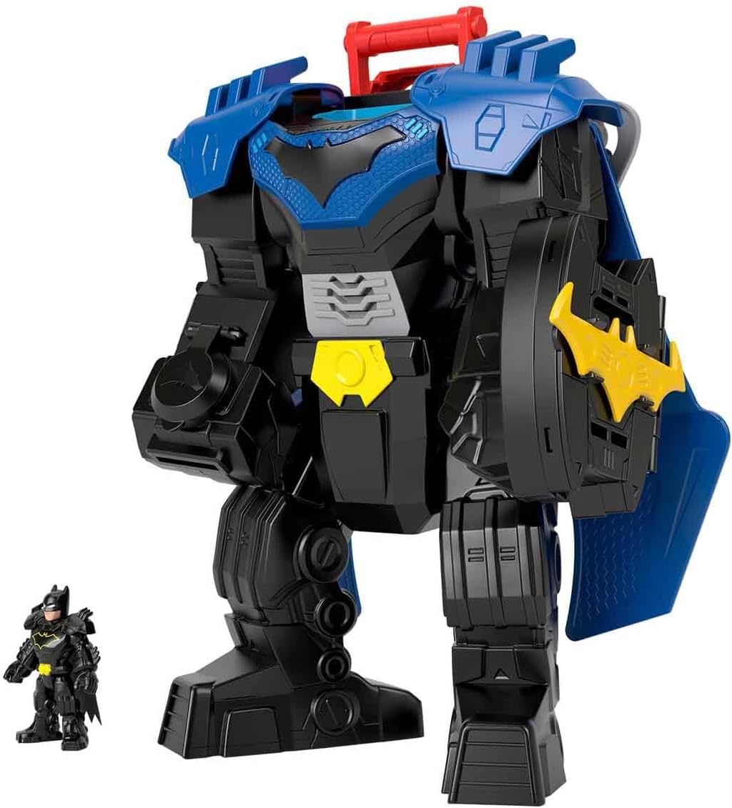 Fisher-Price Imaginext DC Super Friends, Batman Flight Mech con luces, sonidos, movimiento y figura de acción de 3 pulgadas, juguete de 14.5 pulgadas incluye lanzador y discos