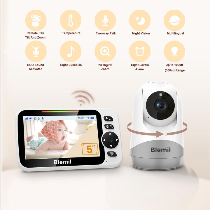 Blemil - Monitor de bebé con batería de 30 horas, monitor de vídeo...