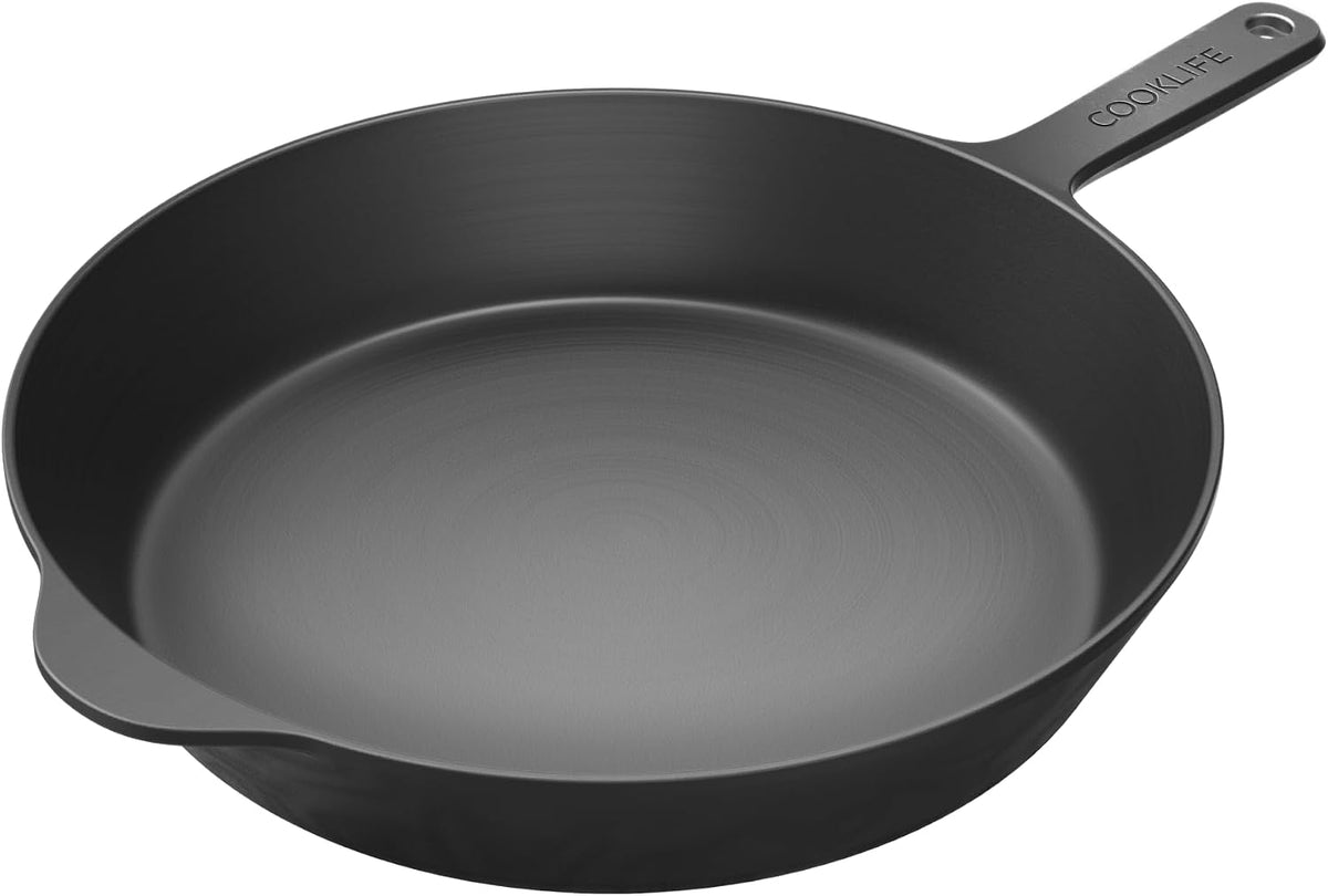 COOKLIFE Sartén de hierro fundido pre-sazonado ligero de 12 pulgadas, superficie lisa pulida, fácil de limpiar, sartén de hierro fundido para usar en el horno, en la estufa o parrilla