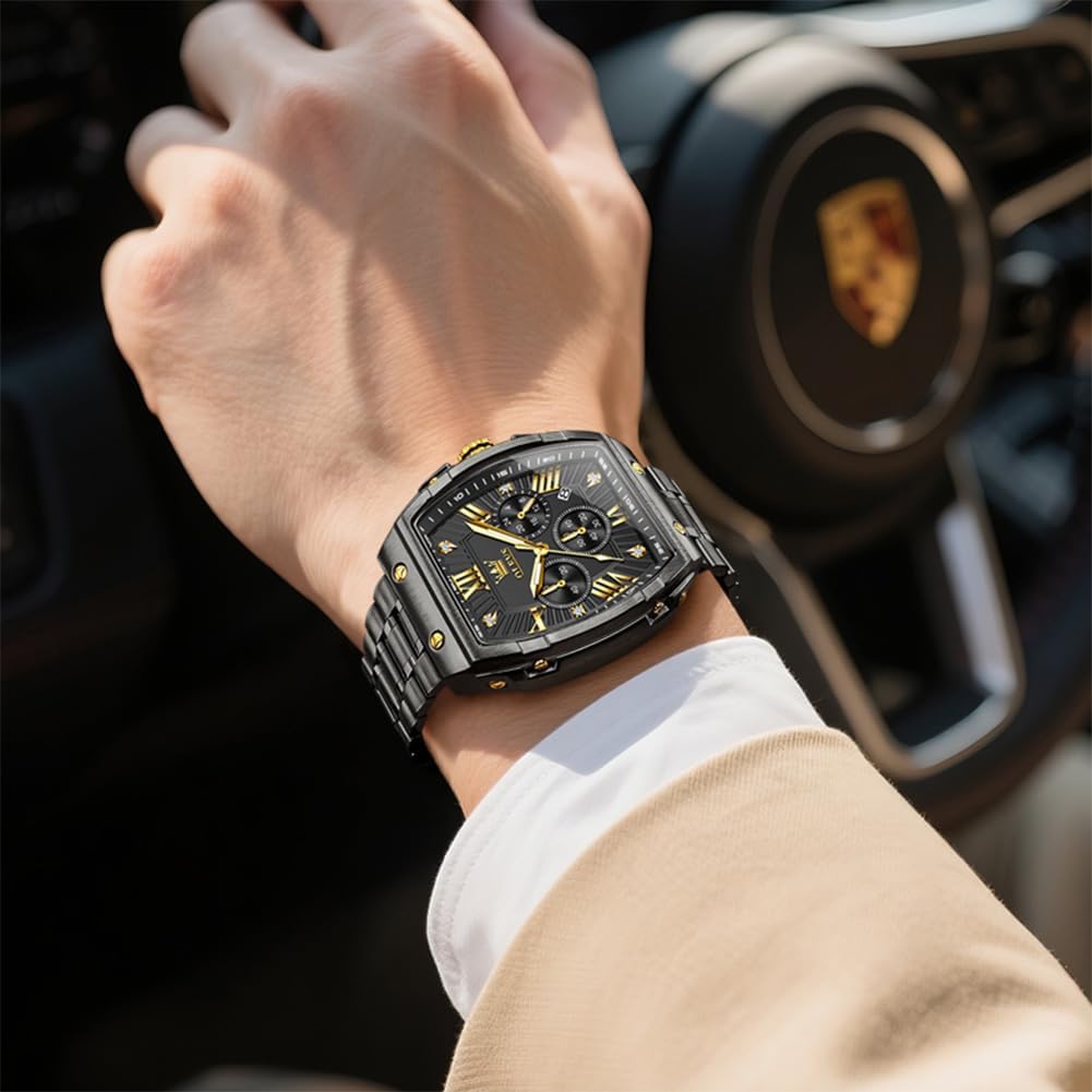 OLEVS Reloj para Hombres Analógico Cuarzo Lujo Diamante Resistente al Agua Cronógrafo Acero Inoxidable Carita Grande Cuadrado Fecha Fase Lunar Romano Relojes de Vestir para Hombres