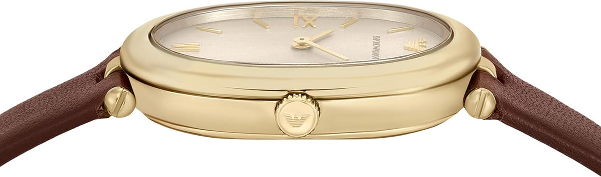 Emporio Armani Reloj de cuero marrón de dos manos para mujer (Modelo: AR11708)