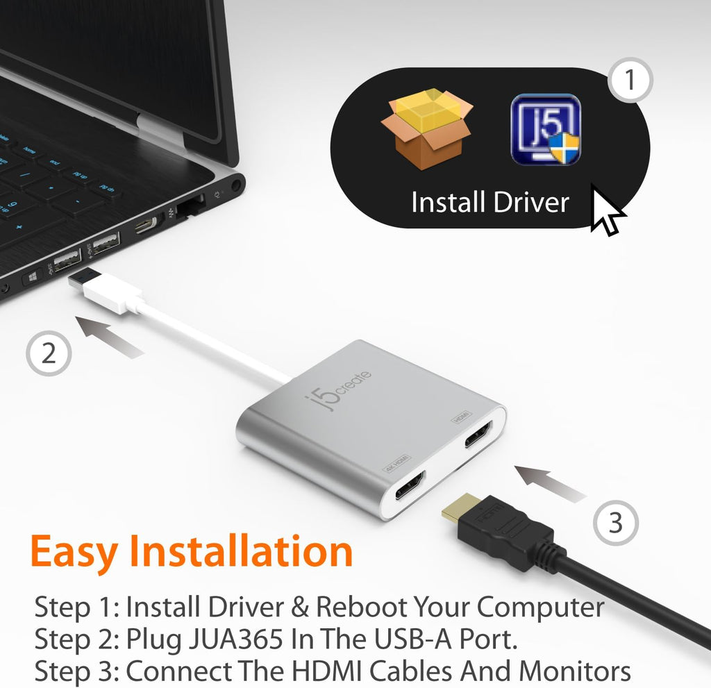j5create Adaptador USB a HDMI – Cable dual HDMI USB 3.0 para varios monitores | 4K + 1080p | Compatible con Windows y macOS (JUA365)