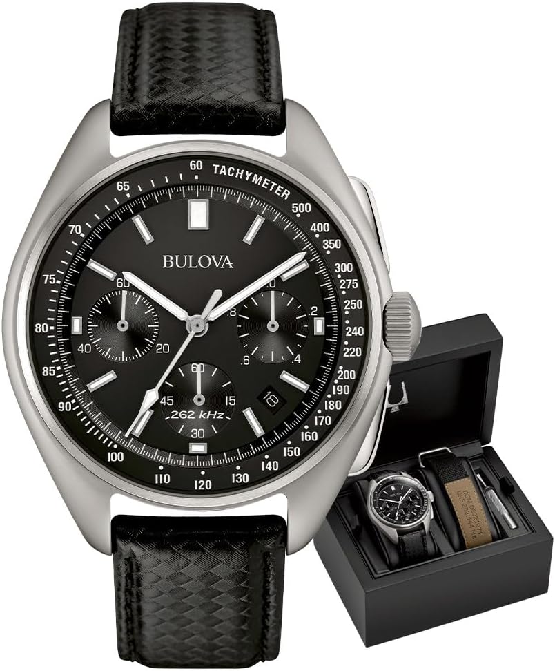 Bulova Serie Archive Lunar Pilot para Hombre - Conjunto de Reloj Cronógrafo de Cuarzo de Alto Rendimiento de 6 Manecillas, Acero Inoxidable y Correa de Nailon Negro, Cristal de Zafiro Estilo: 96B251