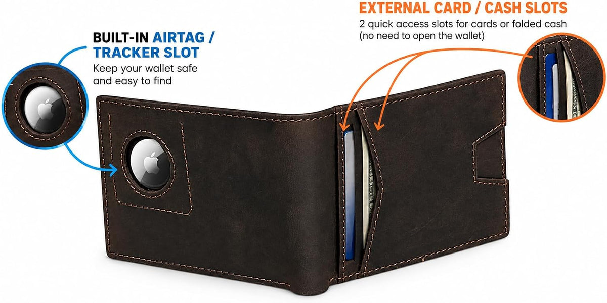 Cartera Bifold de Cuero para Hombres, Bloqueo RFID, Ranura para Tracker (Café Vintage)
