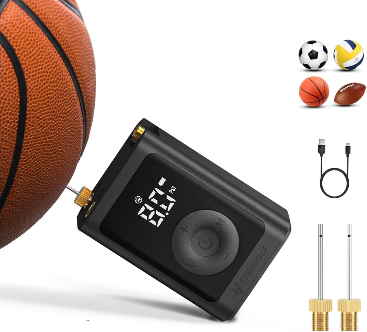 ETENWOLF Bomba de bola eléctrica de inflado y desinflado de 2 a 17 PSI, bomba de baloncesto con manómetro preciso, bomba de aire recargable para pelotas, bomba de aire de pelota de fútbol