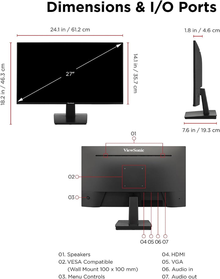 ViewSonic VA2748-MH Monitor de computadora Full HD de 27 pulgadas,...