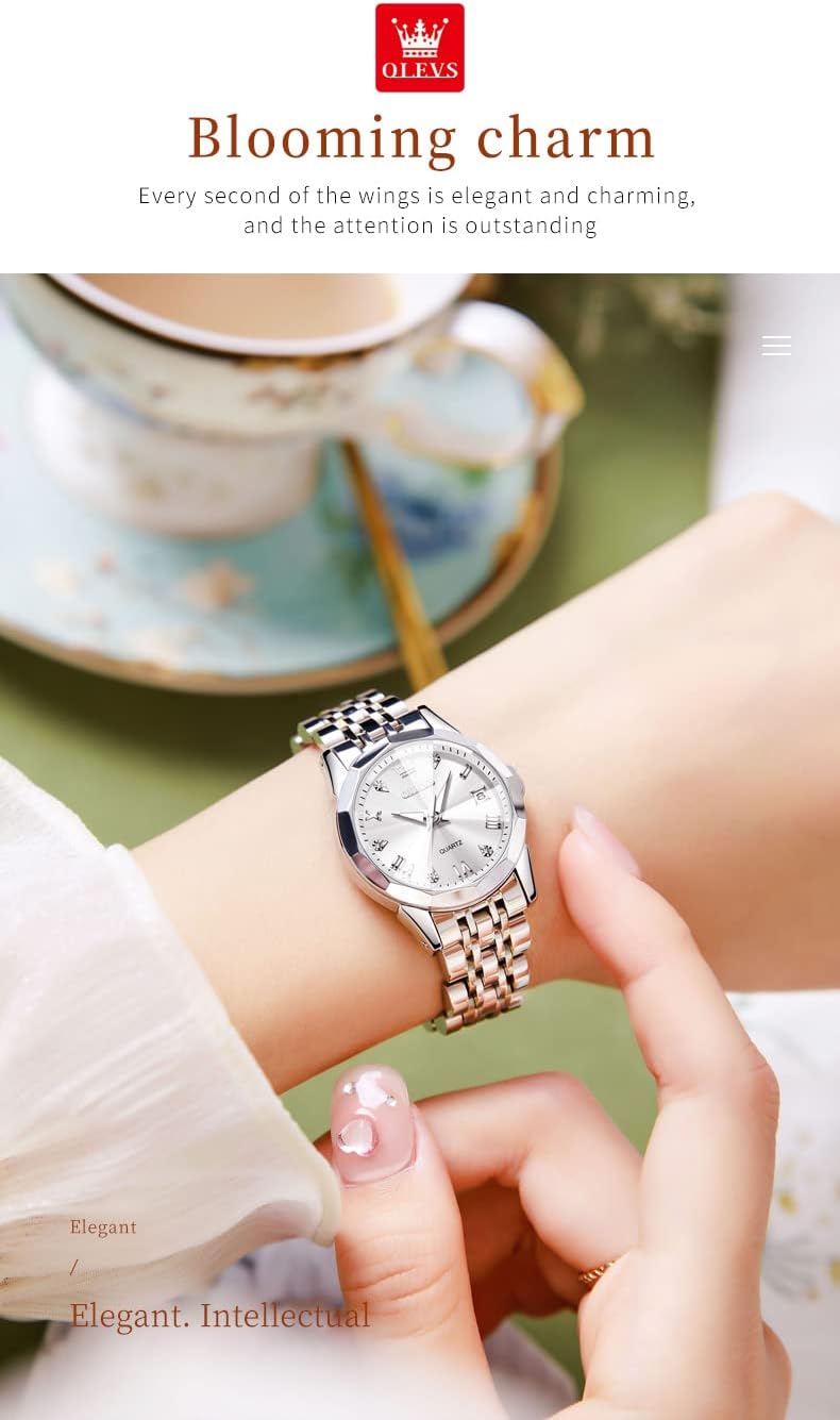 OLEVS Reloj para Mujer Moderno de Moda con Diamantes para Damas Analógico, Acero Inoxidable, Resistente al Agua, Luminosa, Día, Fecha, Dos Tonos