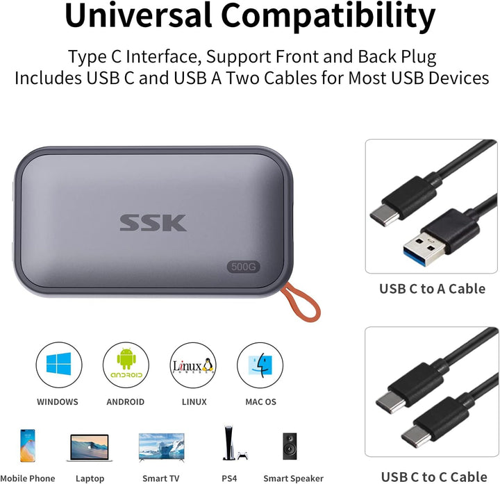 SSK SSD portátil de 500 GB, hasta 1050 MB\/s, unidad externa de est...